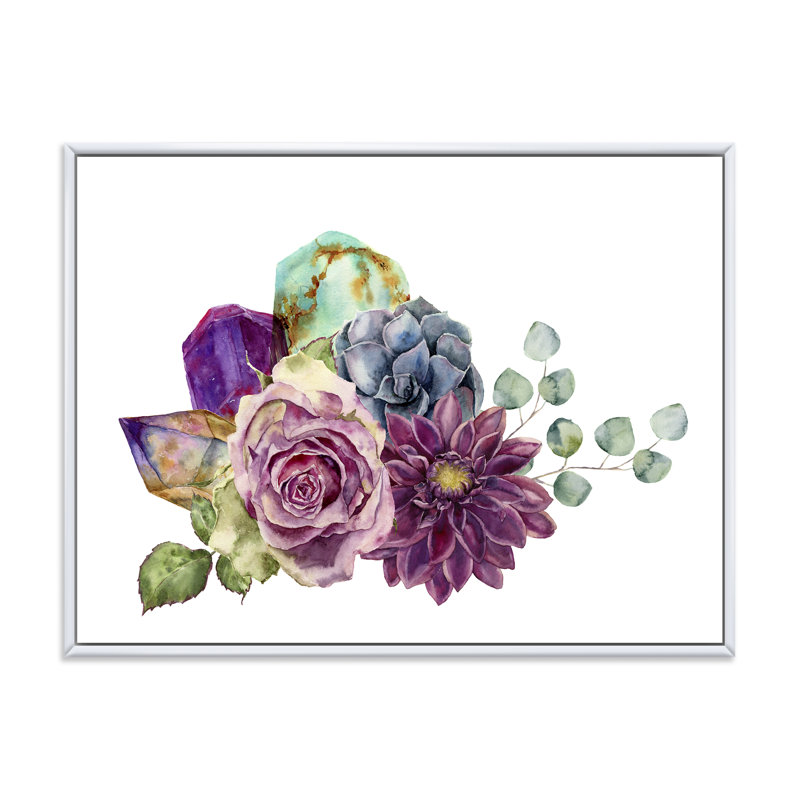 Bouquet de fleurs avec eucalyptus - Peinture sur toile, H 16 po x l 32 po x p 1 po, Cadre flottant blanc