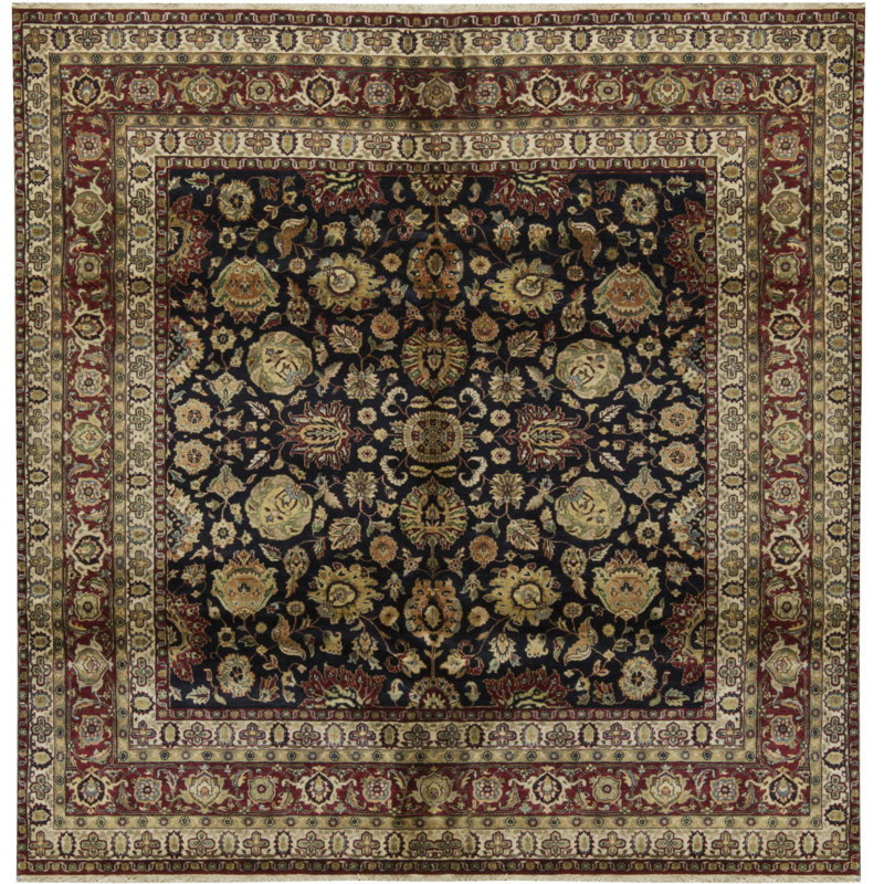 Tapis carré brun, beige et noir noué à la main de haute qualité