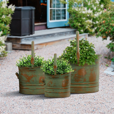Dervil Copper Metal Indoor-Outdoor Patina Tulip Style Bucket Planter with Stationary Handles