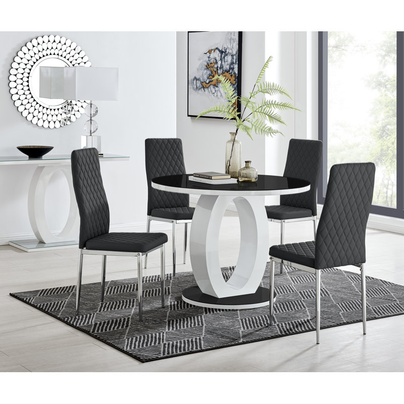 Scottsmoor 4 Seater High Gloss Round Dining Table Set with 4 Luxury Faux Leather Dining Chairs, Black, Black/White