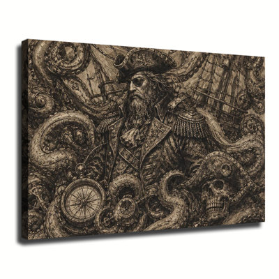 Tableau sur toile représentant un capitaine pirate entouré de tentacules de pieuvre et d'une boussole, style croquis antique, décoration nautique sombre