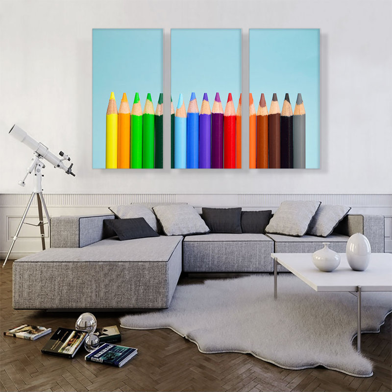 Multicolore crayons - ensemble de 3 reproductions de photos sur toiles tendues, H 40 po x l 60 po x P 0,75 po