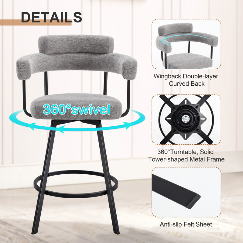 Rabassa Swivel Upholstered 26" Linen Counter Stool with Curved Wing Back and Metal Frame, Gray