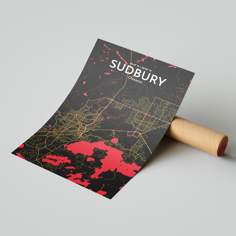Sudbury City Map, impression, H 17 po x l 11 po, Noir / rouge / jaune