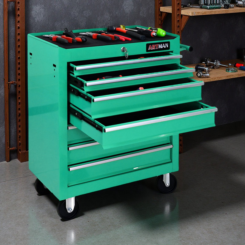 7 DRAWERS MULTIFUNCTIONAL TOOL CART WITH WHEELS, Green