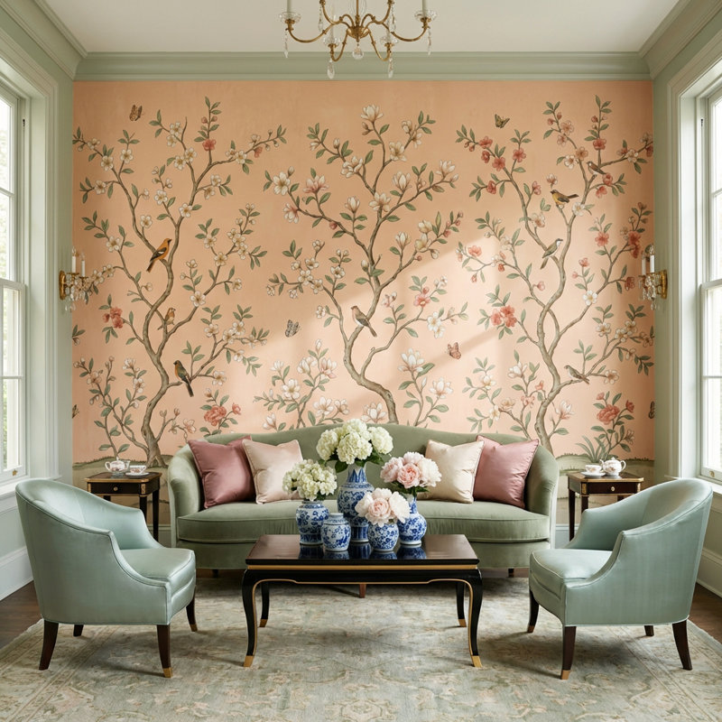 Papier peint floral chinois Chinoiserie, Non-Woven Nonpasted, 160 po x 108 po