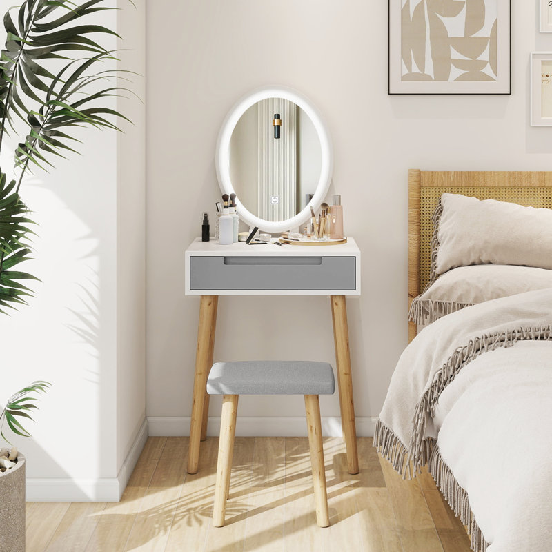 Leicester Vanity Table Set with Adjustable Brightness Mirror and Cushioned Stool, Grey/White