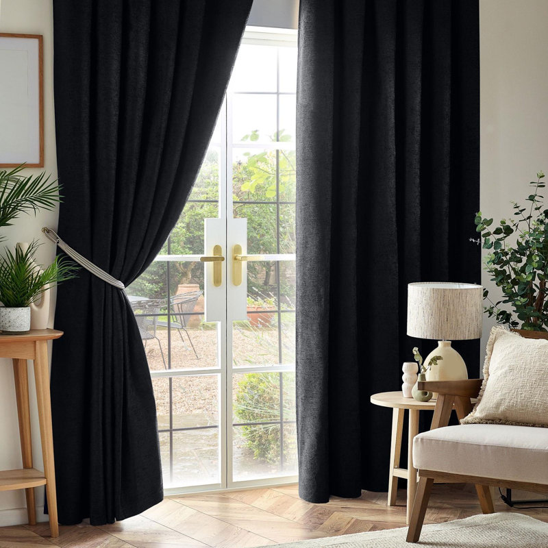 Eilfried Chenille Pencil Pleat Taped Top Curtains, 117cm Width x 229cm Drop, Black
