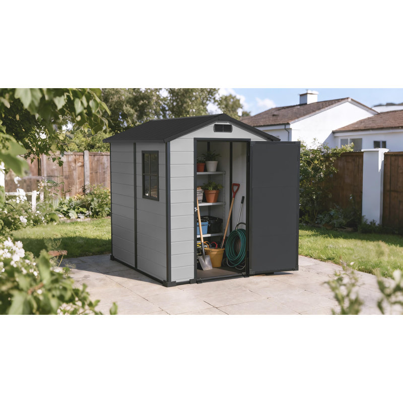 Remise de rangement en résine 4 x 6 pi avec plancher, porte et fenêtre verrouillables, toit incliné, abri de jardin en plastique pour la cour arrière
