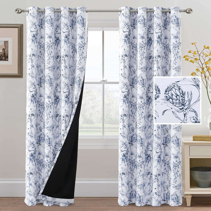 Pendar Floral Thermal Blackout Curtain with Grommets, 96" L x 52" W , Navy