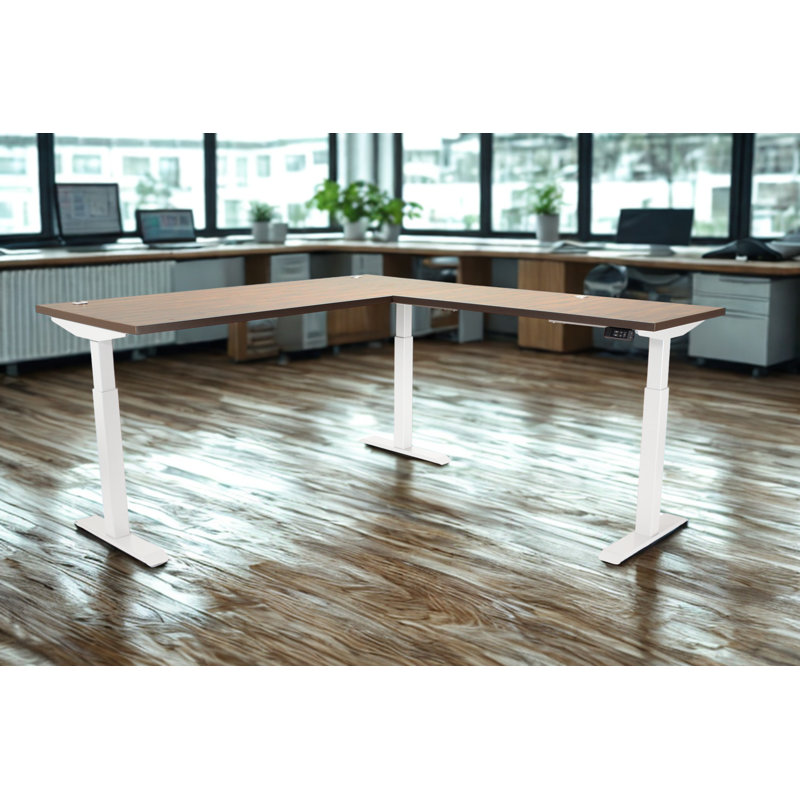 Skyline Electric Height Adjustable 72x30x48x24 L-Shape Standing Desk for Office and Home, Walnut Block Top with White Frame