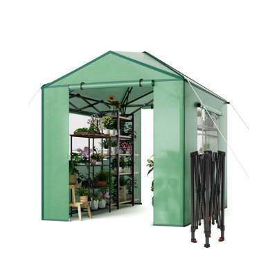 6x8 ft Pop-Up Greenhouse with Durable PE Cover, 96 in x144 in Large Grow Tent for All Seasons | Features Zippered Doors & Mesh Windows for Indoor/Outdoor Plants, Easy to Assemble (Green)