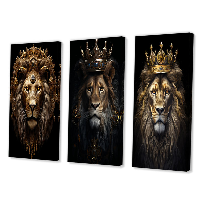 3 pièces sur toile - Roi lion majestueux avec couronne dorée, Toile tendue, H 20 po x l 36 po