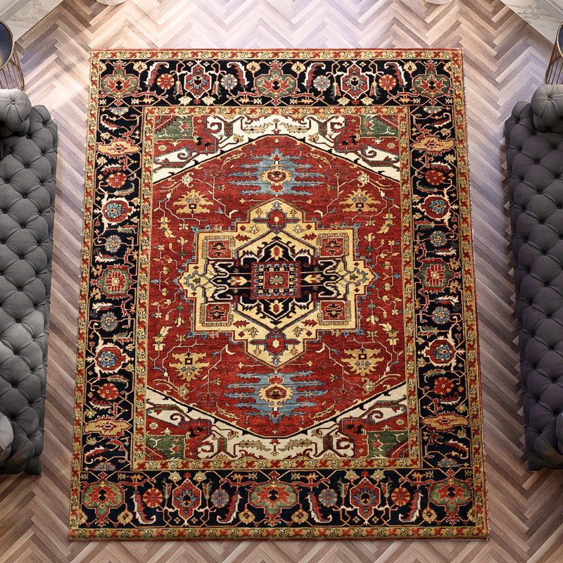 Tapis rouge et bleu noué à la main de haute qualité, Rectangle 10' x 14'