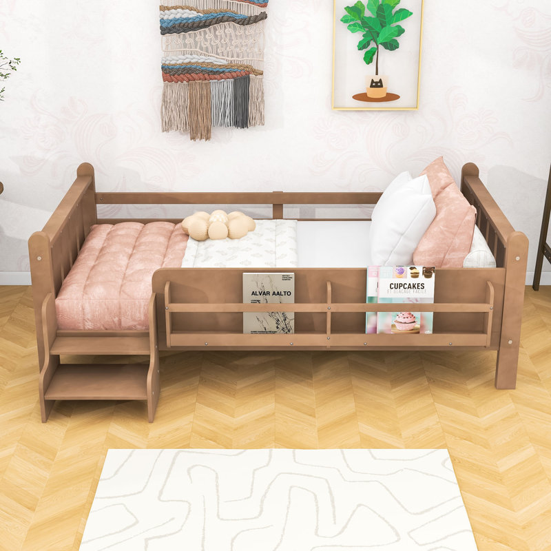 Floor Bed with Storage Bookcases and Guardrails, Natural, Twin