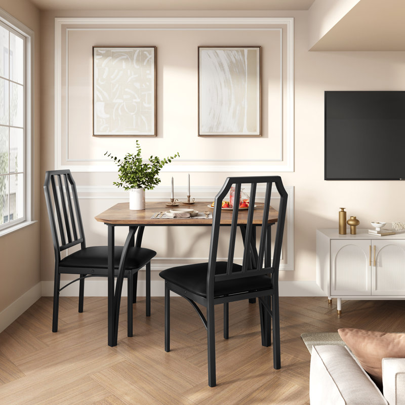 Ensemble de table de salle à manger brun 3 pièces pour 2 personnes - table de cuisine compacte avec chaises rembourrées en polyuréthane, plateau en panneau de fibres à densité moyenne facile à nettoyer et structure en métal, peu encombrant pour les appartements
