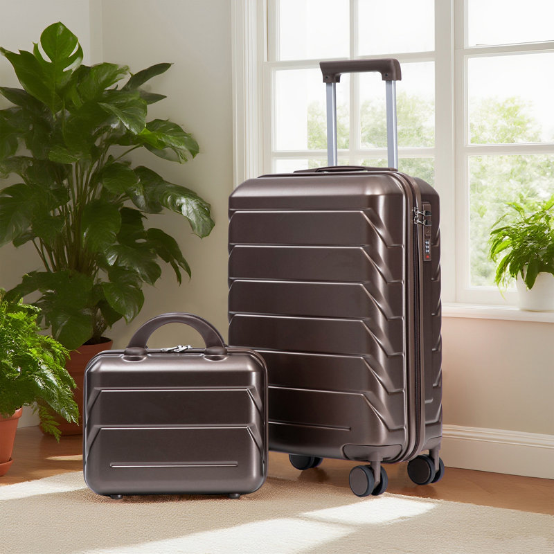 14 "/ 20" 2 pièces / ensemble dans un bagage à roulettes en ABS, avec serrure à combinaison, étui à cosmétiques 14 "(brun)