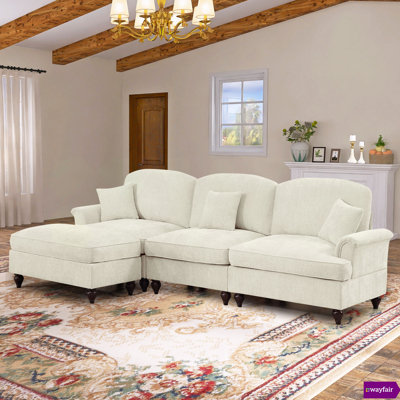 Crofford 107.1"W Chenille 3 seater sofa with One Ottoman and Removable Ruffles Pleats Skirts and Spindle Legs