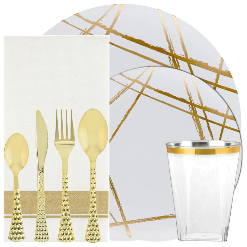 Ecoquality Tableware Disposable Plastic Plates Dinner Party Brush Collection Set For 10 Guests, 30, White/Gold