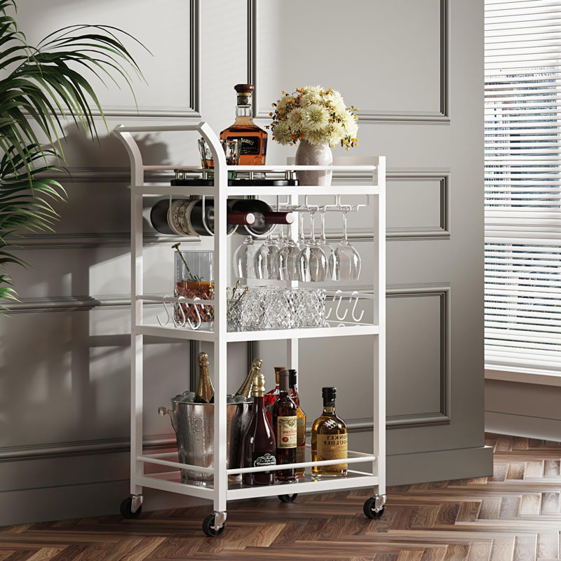 Chariot-bar avec 3 tablettes en miroir, support à vin et porte-verre, Blanc