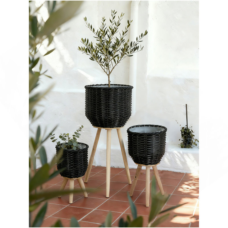 Set Of 3 Black Poly Rattan Baskets With Rope Texture And Tapered Wooden Legs, L:12X12x23.5" M:10X10x17.5" S:8X8x13.5", Black