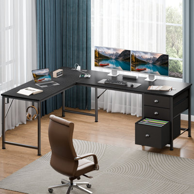 Bureau d'ordinateur en L 62,8 pouces avec prises de courant et tiroirs de rangement, bureau de jeu réversible pour bureau personnel