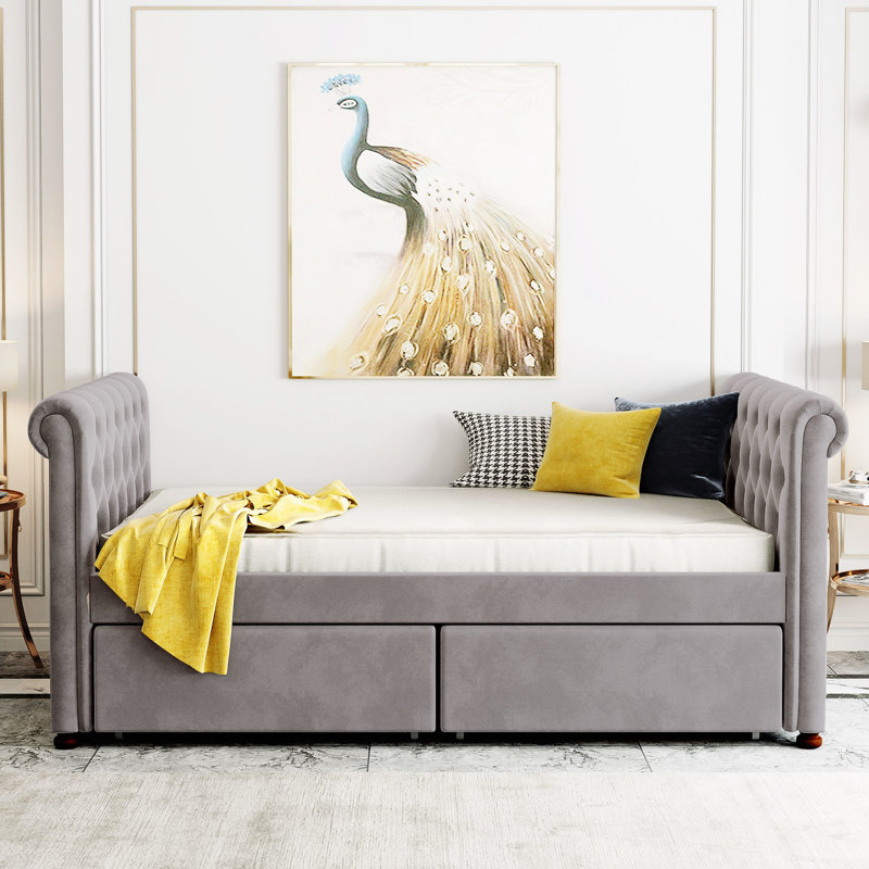 Lit de jour simple gris avec installations de rangement pratiques et plateforme de repos en lattes de bois robustes, Gris
