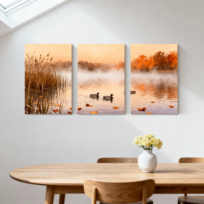 Paysage et nature, automne, lac, canards, roseaux, brume, arbres, feuilles, ensemble de 3 impressions sur toile