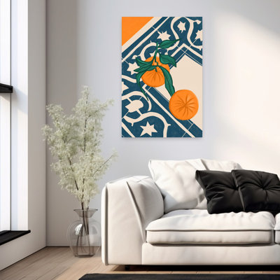 Oranges fraîches, carreaux bleus rustiques, fruits abstraits, art mural d'été