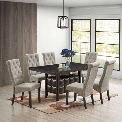 Dining Set with Pedestal Table and Six Upholstered Chairs in Dark Finish