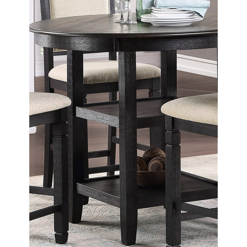 Table haute de salle à manger, style transitionnel, brun et noir, 2 étagères, table pour 4 personnes avec étagères, style transitionnel, salle à manger.
