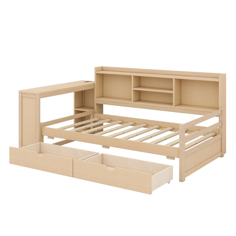 Lit de jour contemporain avec bureau d'étude et nombreuses solutions de rangement, Naturel