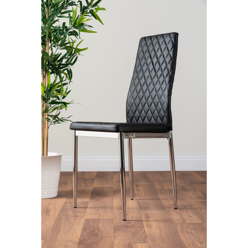 Chowchilla Minimalist Chrome And Glass Dining Table Set with 6 Quilted Faux Leather Chairs, Black