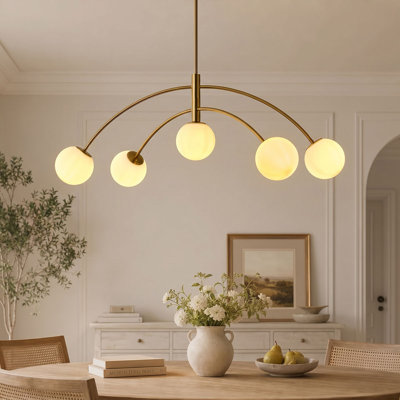 5-Light Modern Polished Brass Chandelier with Glass Globe Shades, Adjustable Rod, Dimmable, Sloped Ceiling Compatible