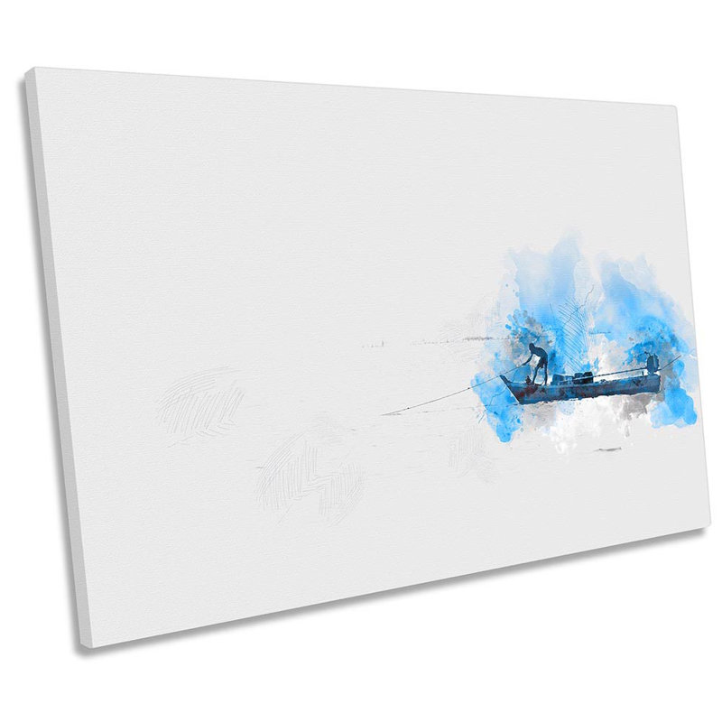 Fishing Boat Blue Minimalist - Wrapped Canvas Print, 30.5cm H x 45.7cm W x 2cm D