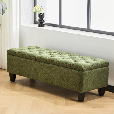Banc avec surface bouclée, espace de rangement, pieds en bois d'hévéa, capacité de 300 lb, capitonnage à boutons et coutures en losange, idéal pour le décor du salon, rangement de L 51,74 po x l 17,77 po, charnières souples
