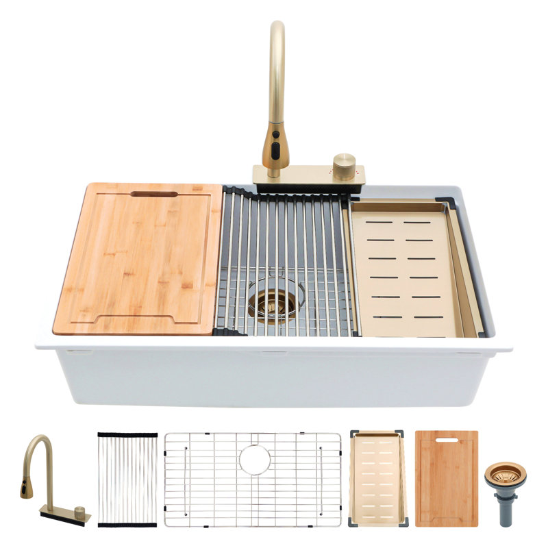 Drop In Waterfall Kitchen Sink - 33"X22" Composite Granite Quartz Single Bowl Workstation Kitchen Sink With Pull-Out Faucet