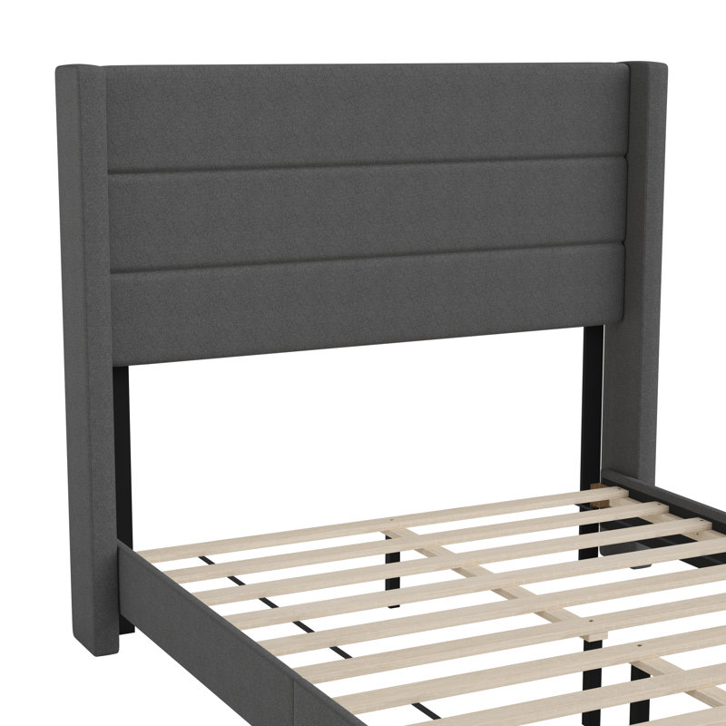 Upholstered Platform Bed with Wingback Headboard, Mattress Foundation with Slatted Supports, Charcoal, Full