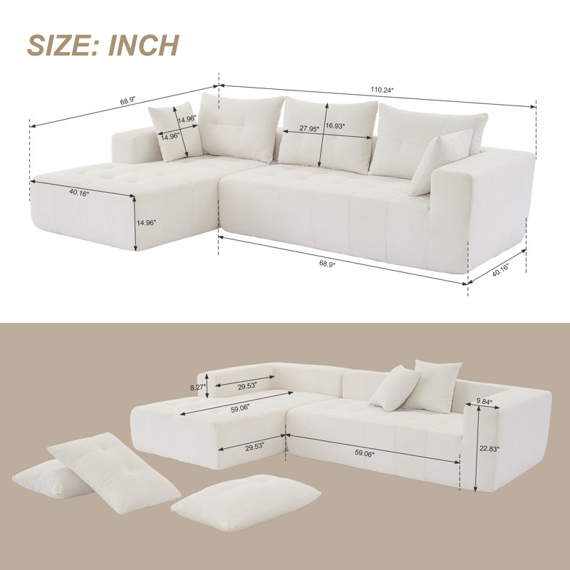 Canapé modulaire rembourré 2 pièces Lacynthia, Lin blanc