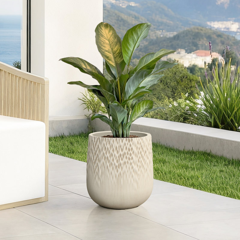 14.4'' H Textured Tall Plant Pots, Off-white Large Plant Pot with Drainage Hole