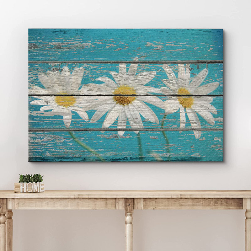 Art rétro sur toile effet fleurs de marguerite rétro sur fond en bois, Wrapped Canvas, H 32 po x l 48 po