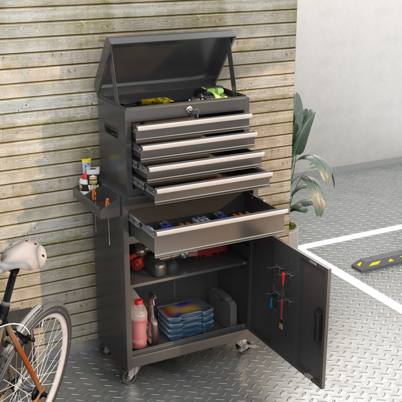 Coffre à outils, coffre à outils roulant à 5 tiroirs avec système de verrouillage et plateau amovible, tiroirs pour atelier de réparation de garage