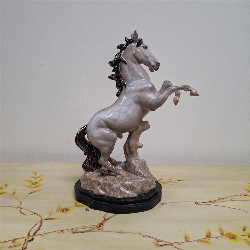 Porcelain Horse Figurine With Small Bronze Grass Accents on Wood Base