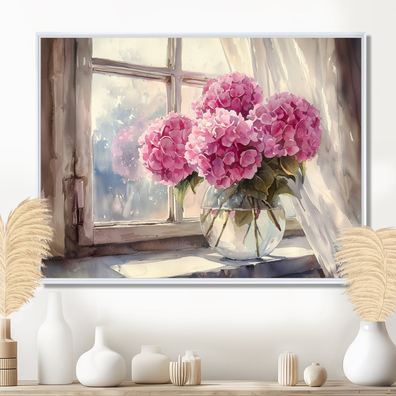 Dobias Hydrangea Bouquets By The Window I - Hydrangea Wall Art Decor, 34" H x 44" W, Floater Framed Print, White