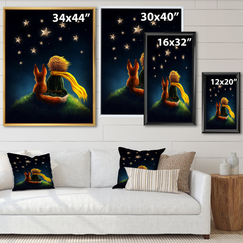 Petit garçon avec renard, Le Petit Prince, impression sur toile, H 33 po x l 25 po, Cadre érable