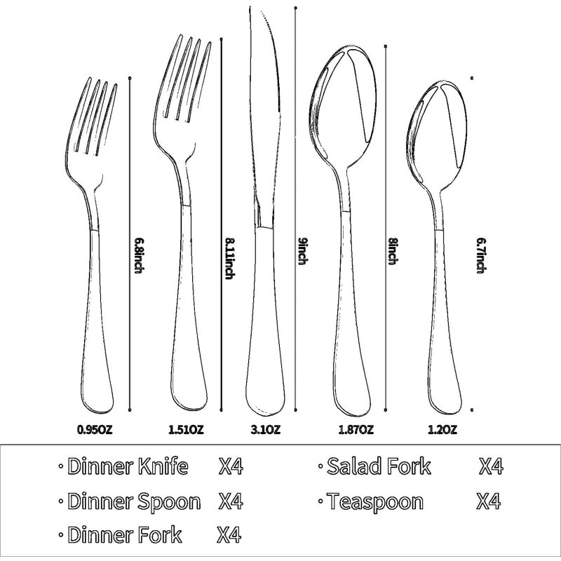 Ensemble de couverts argentés 20 pièces, ensemble de couverts en acier inoxydable 18/0 pour 4, ensemble de coutellerie moderne avec couteaux de table, fourchettes, cuillères, fourchettes à salade et cuillères à café, poli miroir, va au lave-vaisselle