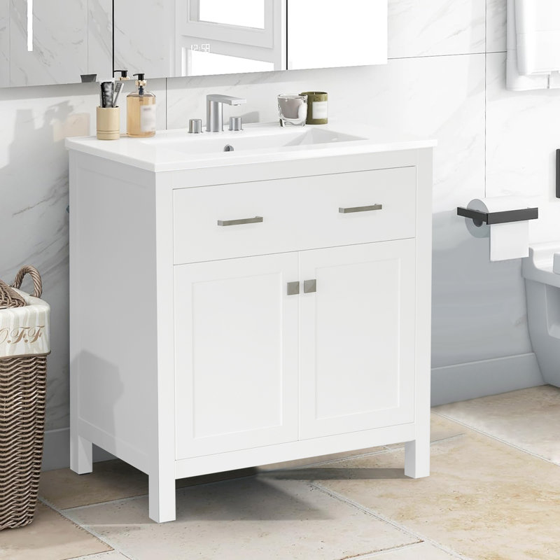Meuble-lavabo simple 30 po avec comptoir en céramique, Blanc