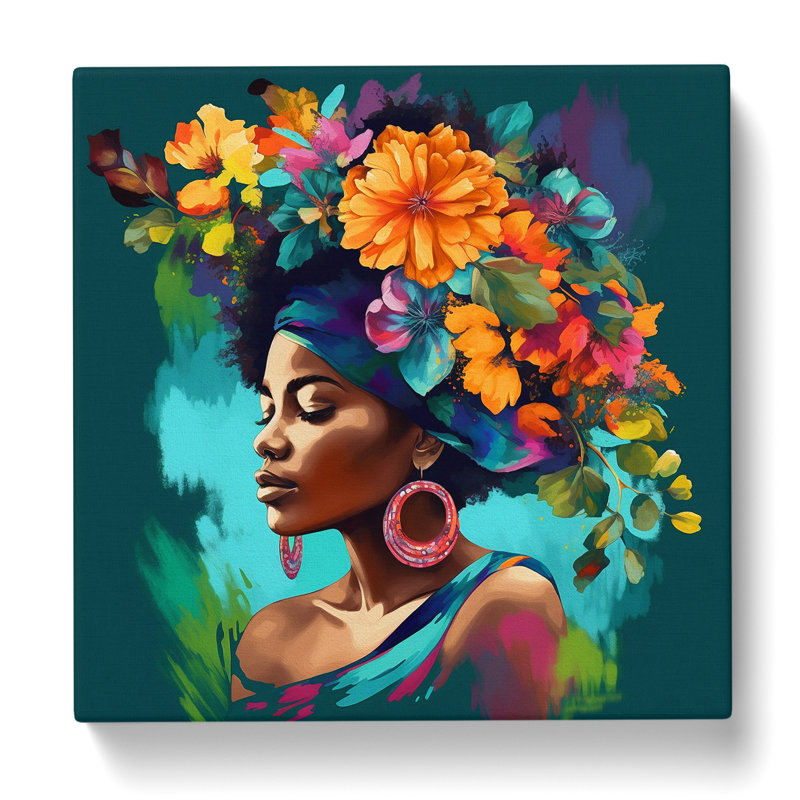 African Woman Floral Art No.5 - Wrapped Canvas - Framed Print, 35cm H x 35cm W x 3cm D