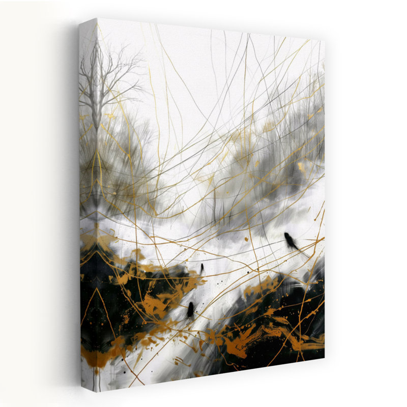 «Golden Forest Lines», art dramatique abstrait, forêt, 18" H x 12" W