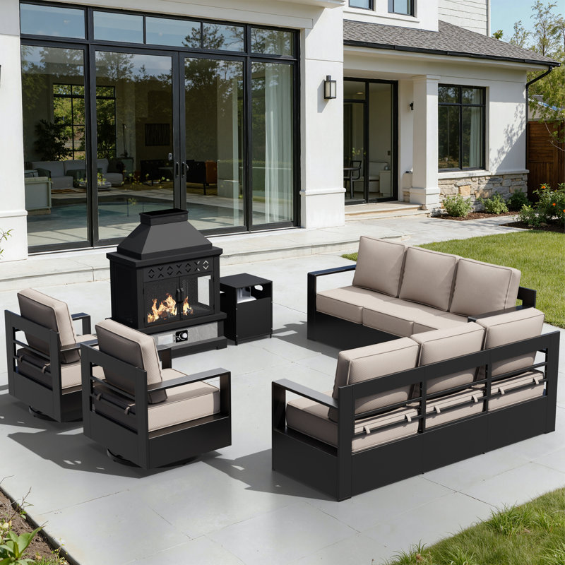 8-Person Outdoor Rattan Patio Set With Fir Pit, Gas Cylinder Rack, sofas, Swivel Chairs & Beige Cushions, Beige